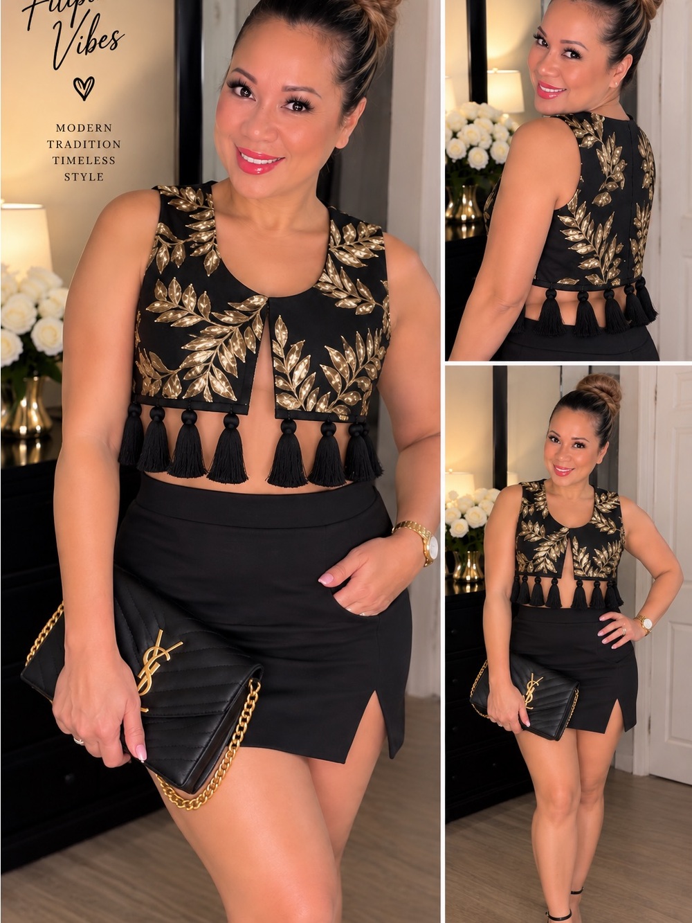 Black & Gold Persian-Inspired Embroidered Tassel Crop Top